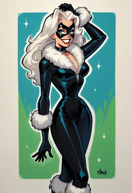 score_9, score_8_up, score_7_up, score_6_up, score_5_up, 1girl, BlackCat, white hair, long hair, mask, fur collar, blue eyes, black bodysuit, black choker, black footwear, fur trim, gloves, 4rch13, pinup pose, smile, traditional media,