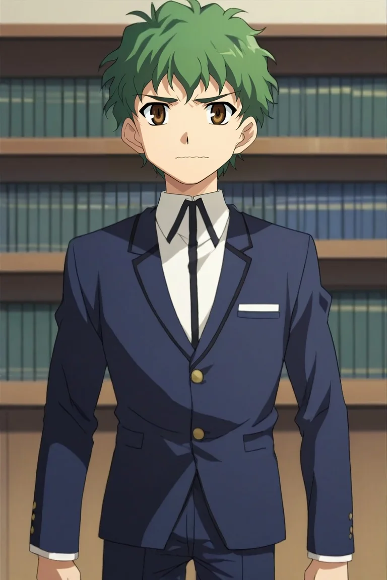 score_9, score_8_up, score_7_up, source_anime, , rating_safe, intricate details, , depth of field, 1boy, male focus, hazel eyes, green hair, shaggy hair, blazer,, solo, straight-on, library, books, indoors, light, (dynamic pose), wavy mouth, closed mouth, <lora:fsn_style_pony:1.02>, fsn_style, , <lora:sdxl_lightning_8step_lora:1>