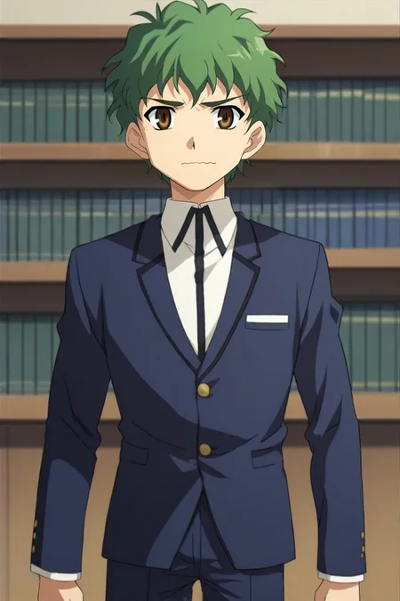 score_9, score_8_up, score_7_up, source_anime, , rating_safe, intricate details, , depth of field, 1boy, male focus, hazel eyes, green hair, shaggy hair, blazer,, solo, straight-on, library, books, indoors, light, (dynamic pose), wavy mouth, closed mouth, <lora:fsn_style_pony:1.02>, fsn_style, , <lora:sdxl_lightning_8step_lora:1>