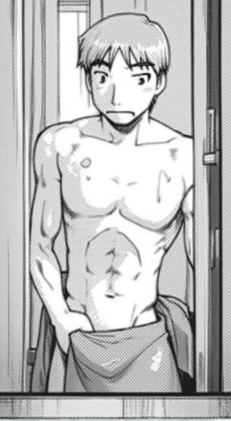 score_9, score_8_up, score_7_up, anime_source, official artstyle, anime screencap, ((monochome)), highly detailed, 1boy, perfect composition, good shading, male focus, 1boy, solo, male focus, indoors, bathroom, shirtless, topless, barechested, towel wrapped around hips, akishima boy 4,silver hair, abs, pectorals, opening door, ((monochrome))
