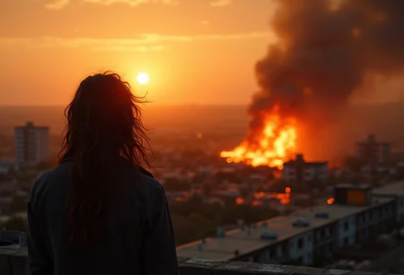 Cinematic shot of a dark and long-haired man, standing at a rooftop, watching the sunset while the cars below are burning and explosions at the background. zombie apocalypse.