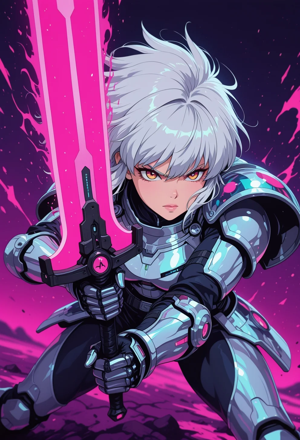 <lora:ck-nc-cyberpunk-IL-000011:0.35>, masterpiece, best quality, good quality, very aesthetic, absurdres, newest, 8K, depth of field, focused subject, dynamic angle, action shot, close-up shot, wabi sabi warrior dressed in holographic armor, neon color splash, battle stance, holding a futuristic battle scared sword, fierce look, she's got silver platinum hair and an otherworldly aura around her, studio anime
in the style of cknc, in the style of ck-rw
<lora:MoriiMee_Gothic_Niji_Style_Illustrious_r1:0.5>
<lora:ck-neon-retrowave-IL:0.55>
<lora:ck-shadow-circuit-IL:0.65>
