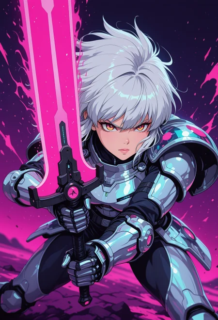 <lora:ck-nc-cyberpunk-IL-000011:0.35>,  masterpiece, best quality, good quality, very aesthetic, absurdres, newest, 8K, depth of field, focused subject, dynamic angle, action shot, close-up shot, wabi sabi warrior dressed in holographic armor, neon color splash, battle stance, holding a futuristic battle scared sword, fierce look, she's got silver platinum hair and an otherworldly aura around her, studio anime
in the style of cknc, in the style of ck-rw
<lora:MoriiMee_Gothic_Niji_Style_Illustrious_r1:0.5>
<lora:ck-neon-retrowave-IL:0.55>
<lora:ck-shadow-circuit-IL:0.65>