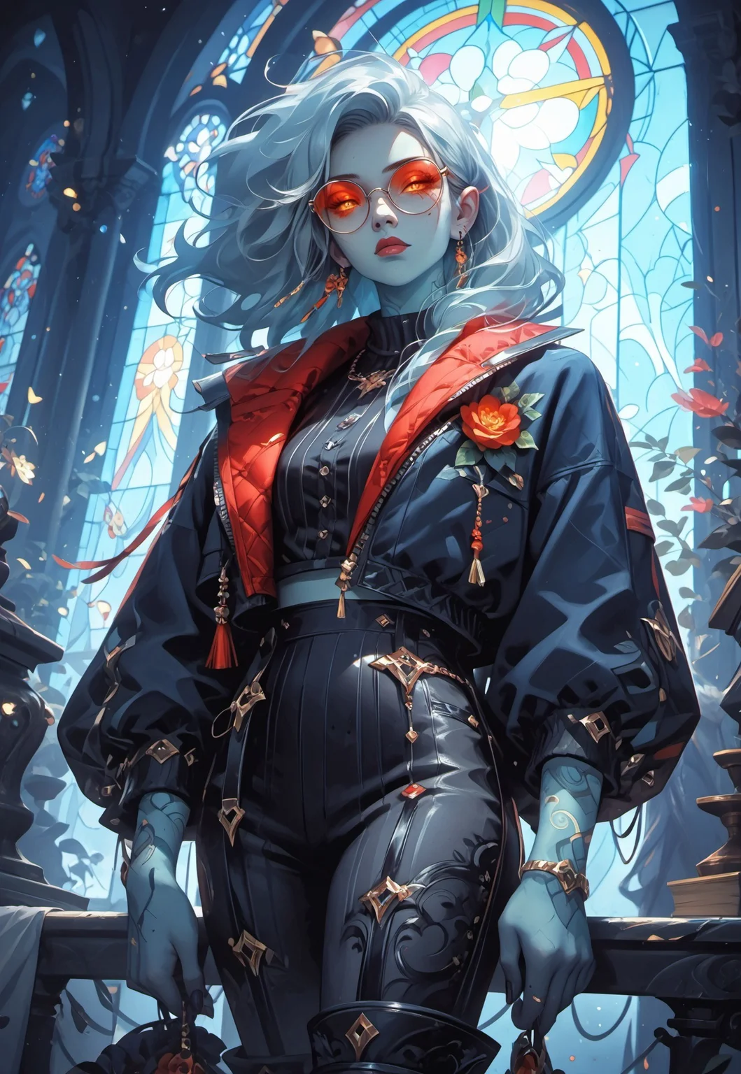((zPDXL3)), (score_9), (score_8_up, score_7_up), knva, L0LSPL4SH, year2024, year2023, West Studio, sixmorevodka, g0thicPXL, glowing, neon, HD Eyes, masterpiece, best quality, highly detailed, intricate details, extremely detailed, smooth lines, masterpiece, no text, quality highlights, 8k detail, detailed background, pastel colors, high contrast,expressiveh
BREAK,
Character: 1woman, solo, AirGenasi, pointed ears, wind, tousled hair, tattoos, blue skin, colored skin,
Clothing: Dark-Blue Coat, Dark-Red Lapel, Jodhpur pants, boots, round eyeglasses, brass ear cuff,
Background: library, stained-glass window, prismatic lighting, colourful, bioluminescent, detailed background, artistic and intricate background
...
<lora:detail-tweaker-XL:2>,
