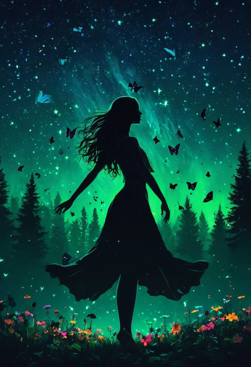 masterpiece, high quality, abstract, 1girl, centered, side view, black silhouette of a girl, (long flowy hair), flowy skirt, green forest background, ((dynamic pose)), ((flowers)), ((glowing butterflies)), night time, dark theme, starry sky, glowing hair, cinematic, vivid colors, ((saturated neon colors)), perfect hands, anzhcdreamwave, aesthetic, Perfect Hands, aurora borealis