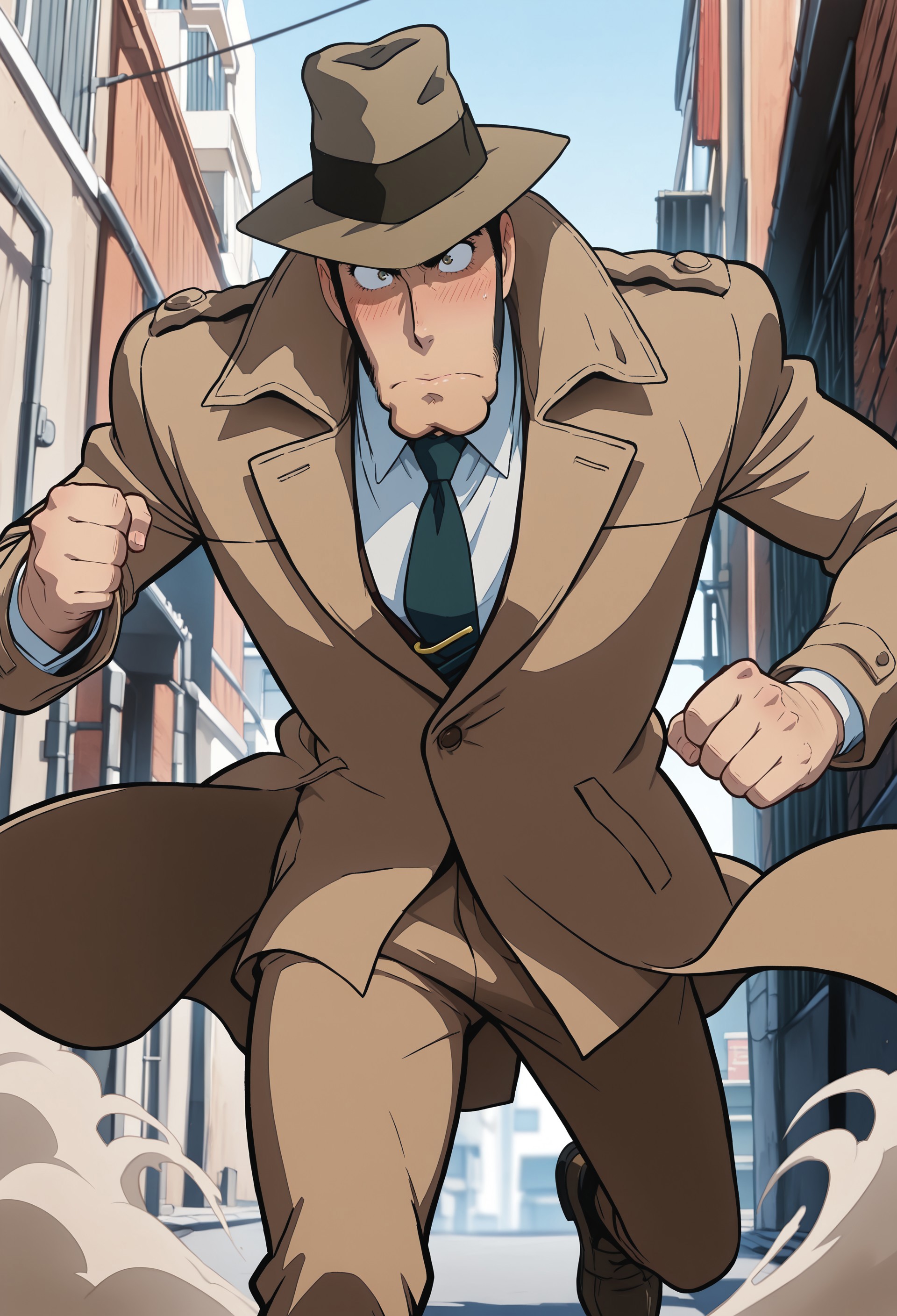 (masterpiece), best quality, amazing quality, solo, KZenigata, mid-chase, trenchcoat flowing in motion, necktie flapping, fedora hat slightly tilted, determined eyes, dynamic pose, urban alley background, dust and motion blur, anime action style