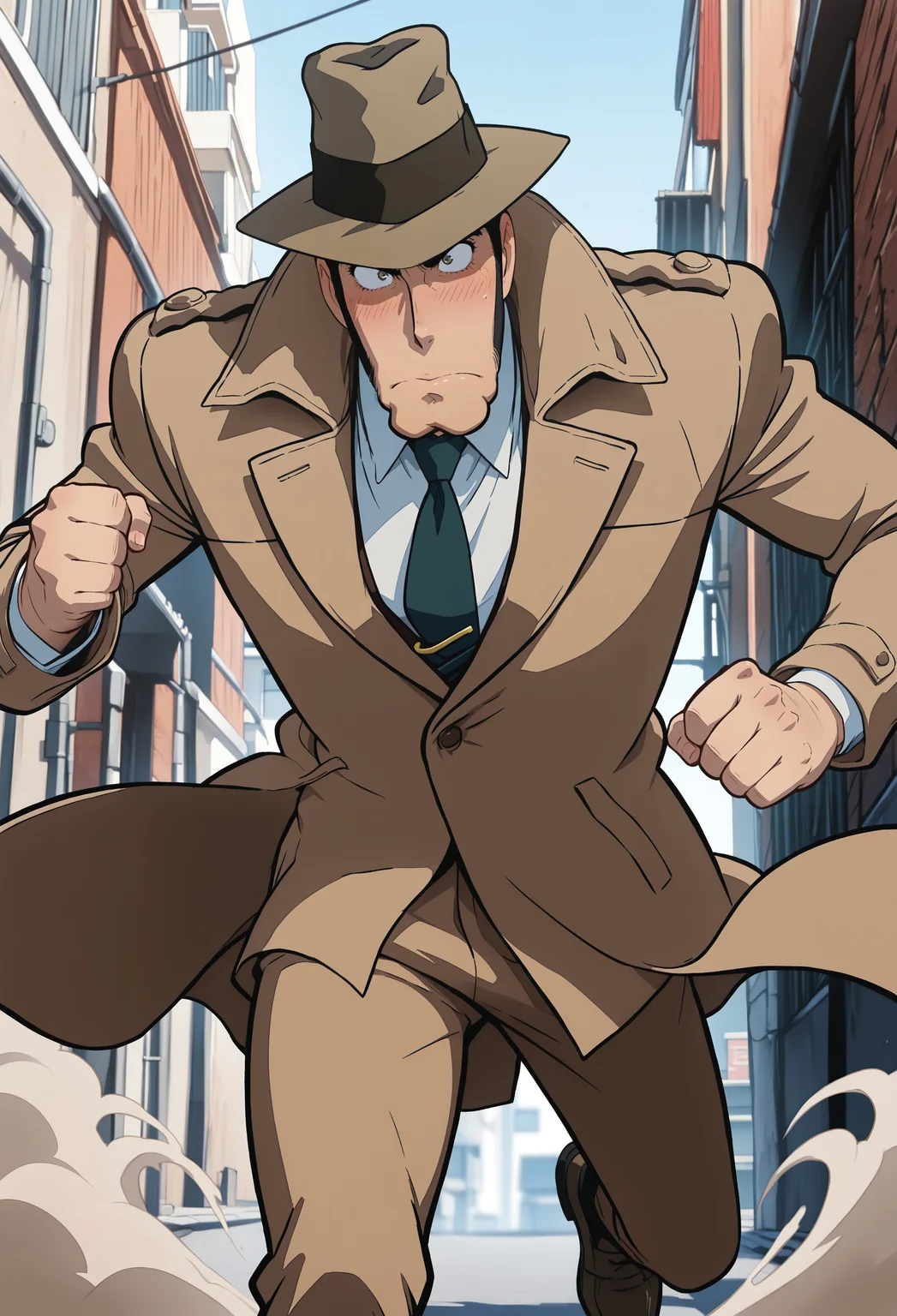 (masterpiece), best quality, amazing quality, solo, KZenigata, mid-chase, trenchcoat flowing in motion, necktie flapping, fedora hat slightly tilted, determined eyes, dynamic pose, urban alley background, dust and motion blur, anime action style