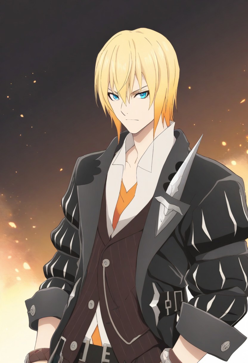 eizen (tales), blond hair, gradient hair, blue eyes, black coat, brown vest, white shirt, brown pants, shirt untucked, 1boy, standing, upper body,