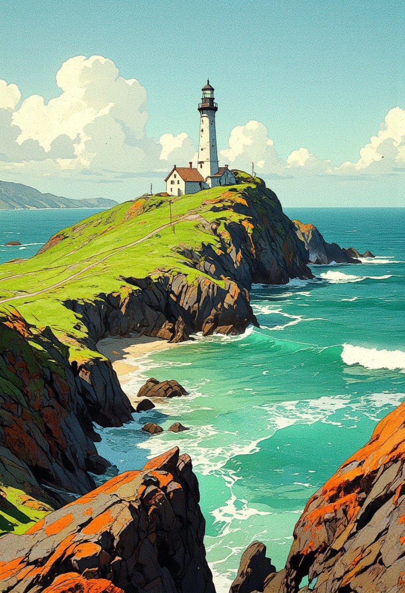 A coastal landscape featuring a striking lighthouse at the tip of a narrow peninsula. The peninsula is covered in lush green grass with patches of orange-brown vegetation, creating a vibrant contrast. Jagged, dark rocks in the foreground guide the viewer’s eye toward the lighthouse, their sharp edges contributing to a stylized look. A winding sandy path connects the mainland to the lighthouse, adding depth and perspective. The sea is a brilliant turquoise, with stylized white waves crashing against the rocky shore, deepening to a rich blue further out. The lighthouse, a tall white tower with a dark gray or black top, serves as the focal point, standing against a soft blue sky dotted with scattered gray clouds. The clouds, painted with soft brushstrokes, contrast with the sharp lines of the rocks and lighthouse. Soft, diffused lighting suggests an overcast or early morning atmosphere. The color palette blends greens, blues, and grays with warm vegetation tones, creating a balanced, immersive scene. The stylized depiction of waves and rocks enhances the landscape’s unique, graphic quality,  anime, cyberpunk