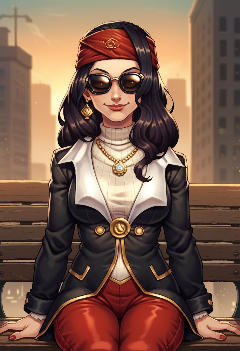 score_9, score_8_up, score_7_up, 1girl, solo, SulfS-PatR2, long hair, black hair, red headband, 
city streets, upper body, white turtleneck, black coat, black sunglasses, pirate hat, sunglasses, red pants, smiling, opaque sunglasses, sitting on bench, relaxed, upper body, front view,
<lora:Patty_Steelbeard_Character__Outfit_-_Risen_2_Dark_waters:0.8>,   <lora:Artist_Style_-_chris3000DecoySnake_PDXL:0.8> dec0ysn4ke-dh, dramatic light, sharp shadows,