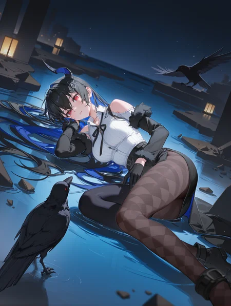 1girl, solo, depth of field, , dark, night,
hair ornament, black ribbon, fur-trimmed sleeves, black sleeves, collared shirt, white shirt, ribbed shirt, shoulder cutout, black gloves, black skirt, miniskirt, side slit, singe leg pantyhose, checkered pantyhose, black thighhighs, asymmetrical legwear,
ruin, debris, crow, raven, black feather, laid down, night, dark, water, reflection, from above,
adult, NerissaRavencroft, colored inner hair, black hair, blue hair, red eyes, slit pupils, uneven horns, long hair, ciloranko, (wanke:0.4), houkisei, realistic style
,masterpiece,best quality,newest,