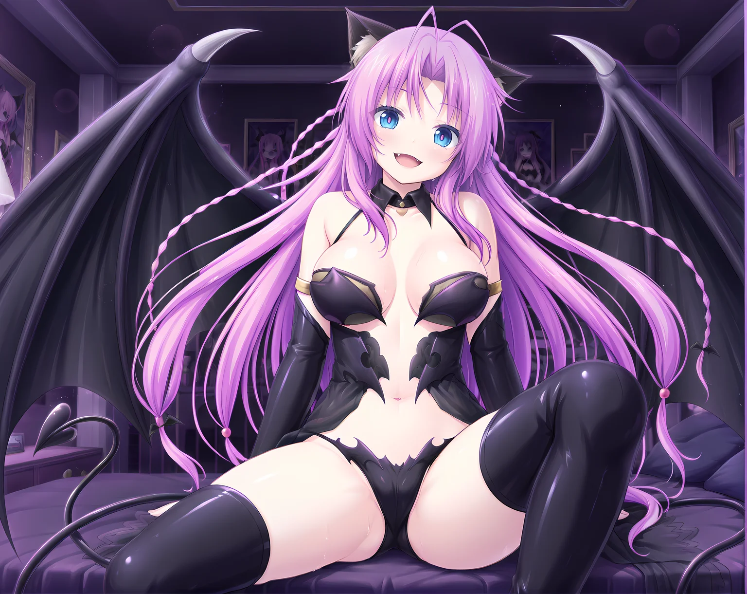 lbase outfit,liliem,bedroom,sitting,legs apart,demon wings,breasts,open mouth,smile,boots,demon tail,thigh boots,<lora:Tenbin_no_La_DEA_Character_Pack_1:0.8>,cowboy shot,, masterpiece,best quality,amazing quality, very aesthetic, absurdres,detailed eyes,ultra-detailed,