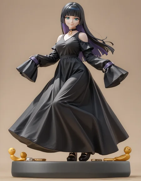 score_9, score_8_up, score_7_up, amiibo, figure, solo, full body, pasan, colored inner hair, large breasts, ear piercing, chin piercing, hime cut, choker, black dress, long dress, shoulder cutout, sleeves past fingers, smile, closed mouth, light smile <lora:Amiibo_pdxl_Incrs_v1:1> <lora:Hoseki_BocchiTheRock_Pasan_PDXL_v2:1>