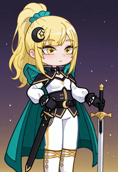 masterpiece,best quality,amazing quality, YoumGGia, YoumGGiaGacha, girl, blonde hair, straight bangs, yellow eyes, ponytail, crescent, hair ornament, white top, black collar, black gloves, green cloak, sword on the belt, white pants, white boots, decorated with gold