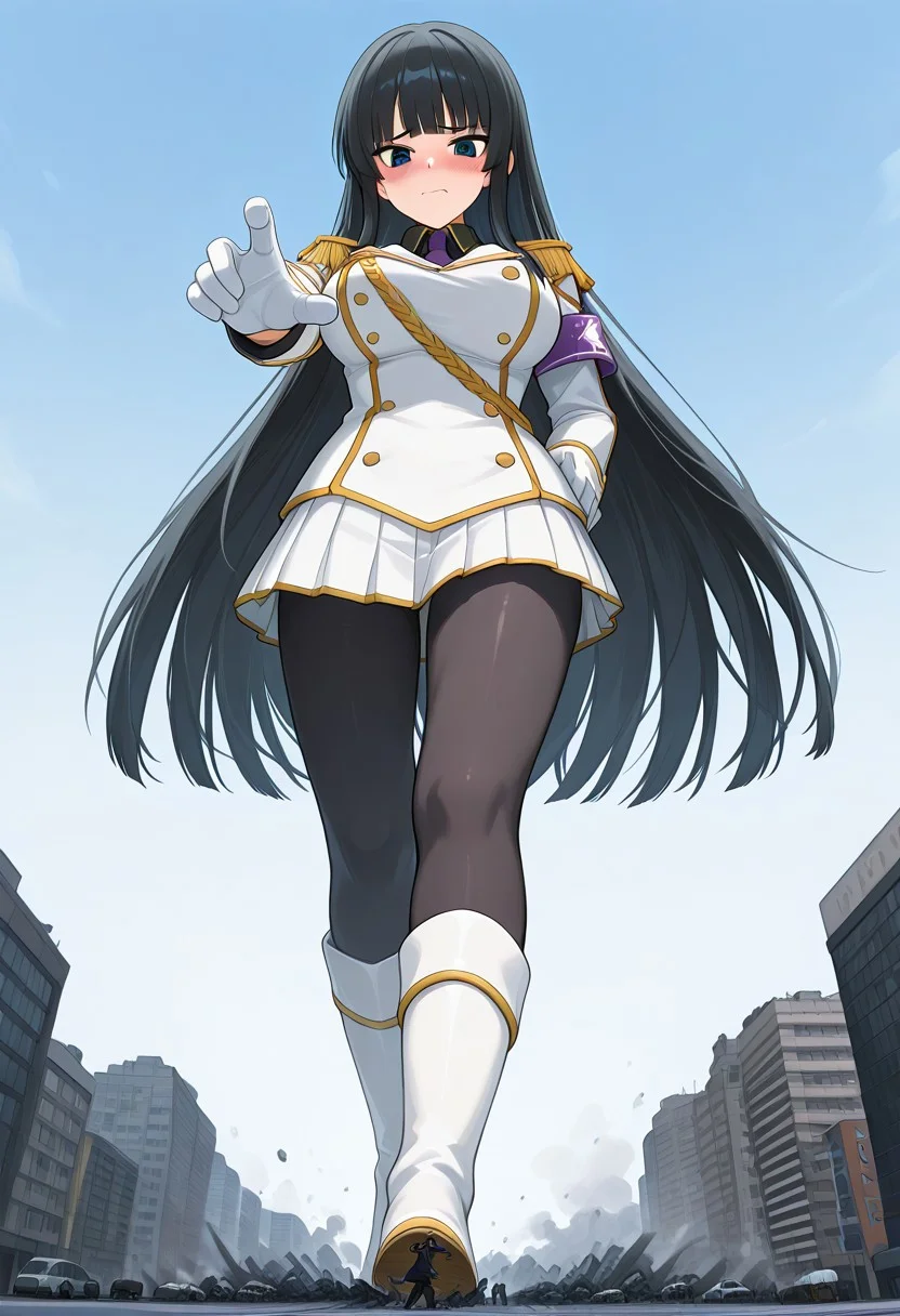 , giantess, full body view, foreshortening, foreshortening, Giantess, City, reaching for viewer, extremely close finger, imminent crush, giantess, from below,
aroused , embarrassed, blushing, masterpiece, score_9, score_8_up, score_7_up, score_6_up, score_5_up, score_4_up, 1girl, Ikaruga_XL, long black hair, blunt bangs, hime cut, dark blue eyes, large breasts ,Ikaruga_Shinobi, white military uniform, golden buttons, golden epaulettes, black shirt, purple tie, long sleeves, armband, white gloves, white pleated skirt, black pantyhose, white knee boots, tattered and ripped clothes
<lora:giantess-ponyxl-lora-nochekaiser:1> giantess, giant, city, building, outdoors, destruction,