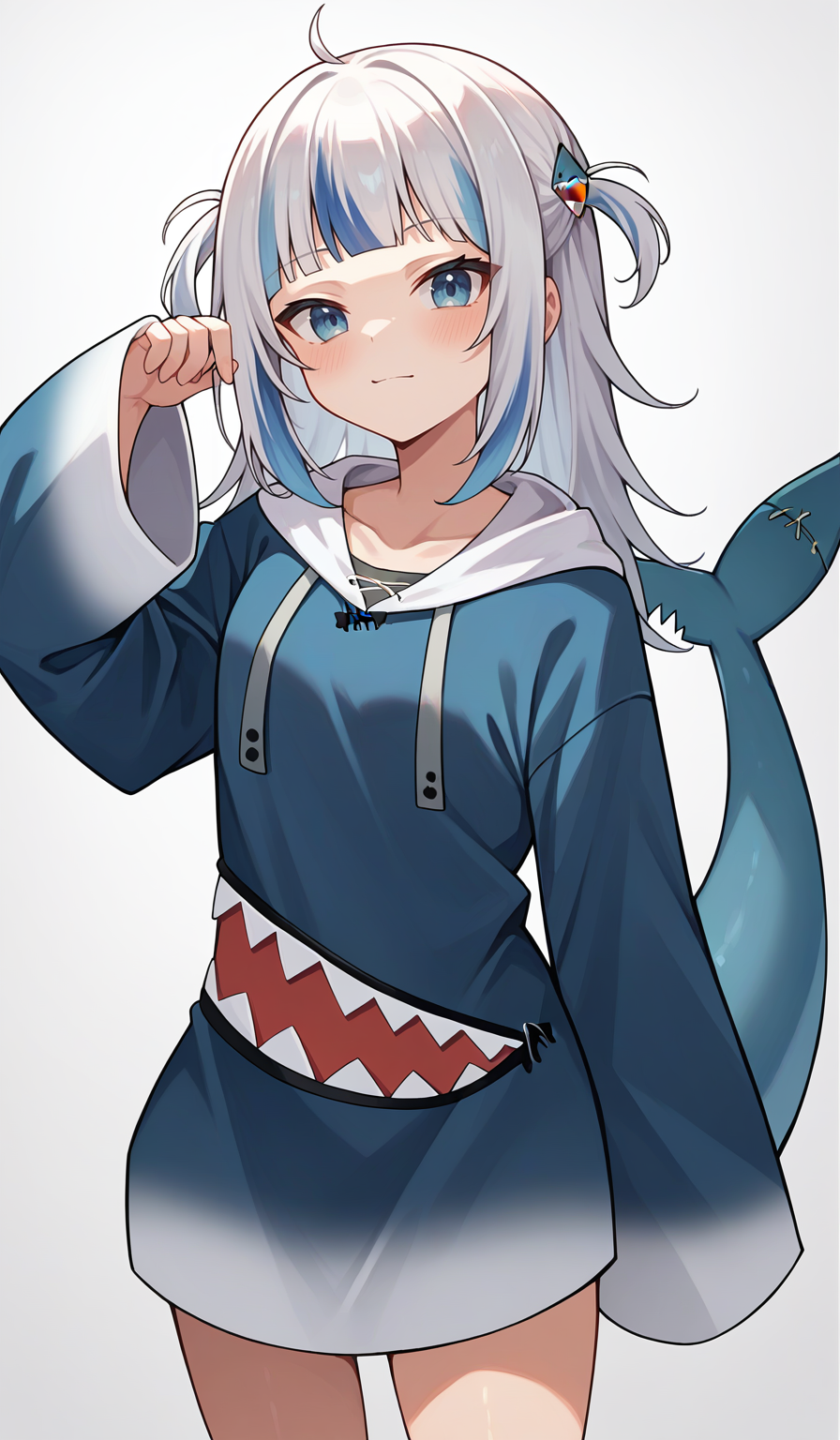 score_9,score_8_up,score_7_up,score_6_up,score_5_up,score_4_up,
1girl, gawr gura, virtual youtuber, two side up, blunt bangs, shark hair ornament, hoodie, wide sleeves, sleeves past wrists, no pants, shark tail,
solo, grey background, simple background, cowboy shot, looking at viewer,
<lora:guraponyxl6:1>