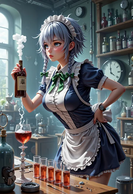A masterpiece, ultrarealistic, natural colours of morning light, photorealistic scene, intricate interior of a laboratory, rich in detail, chemistry equipment in the background, a clock, (flat chest, lean, small-breasted, tiny tits, bustless, unbuxom, nothing clingy, no make-up, please AI stop that nonsense:2),
flat chested scientist Izayoi Sakuya with intelligent concentrated face with no make-up is leaning over table, holds a wine bottle and pours wine into a row of steaming test tubes lined on the table, petite, slim, slender, short silver hair, twin braids, green bows, green bowtie, practical comfortable blue maid uniform, mid dress, maid headdress, detached collar, white apron, pocket watch,
<lora:Hand v2:1.1> Detailed hand, Hand, Perfect hand,
<lora:best_of_flux_v30_rank64_bf16-step01750:1> best_of,