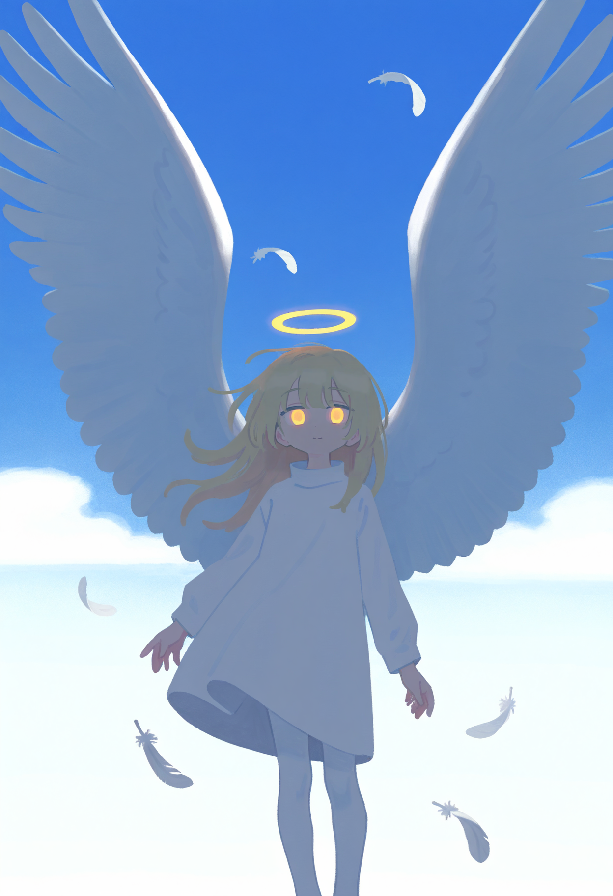 best quality, amazing quality, very aesthetic, absurdres,
BREAK
1girl, long hair, blonde hair, white theme, angel wings, white dress, feathers, sky, detailed background, white background, halo, white pantyhose, spread wings, outstretched, blue sky, cloud,
looking at viewer, yellow eyes, glowing eyes,    <lora:MujiNoob_byKonan:1>