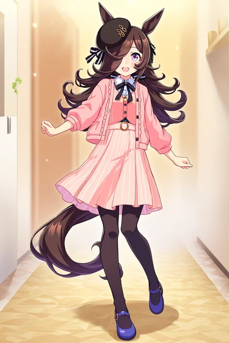 masterpiece,best quality,very aesthetic,absurdres,highres,newest,official art,official style,
1girl,solo,
rcs casual2,rice shower (umamusume),
animal ears,bangs,beret,black headwear,black pantyhose,black ribbon,
blurry,blush,brown hair,collared shirt,eyebrows visible through hair,
hair over one eye,hat,horse ears,horse girl,horse tail,jacket,long hair,long sleeves,
pink cardigan,pink dress,pink jacket,pink vest,pink skirt,purple eyes,ribbon,shirt,
skirt,striped,striped shirt,tail,tilted headwear,vertical stripes,vertical-striped skirt,
violet eyes,
standing,full body,
<lora:umamusume_rice_shower2_ill_v1.0:1>,