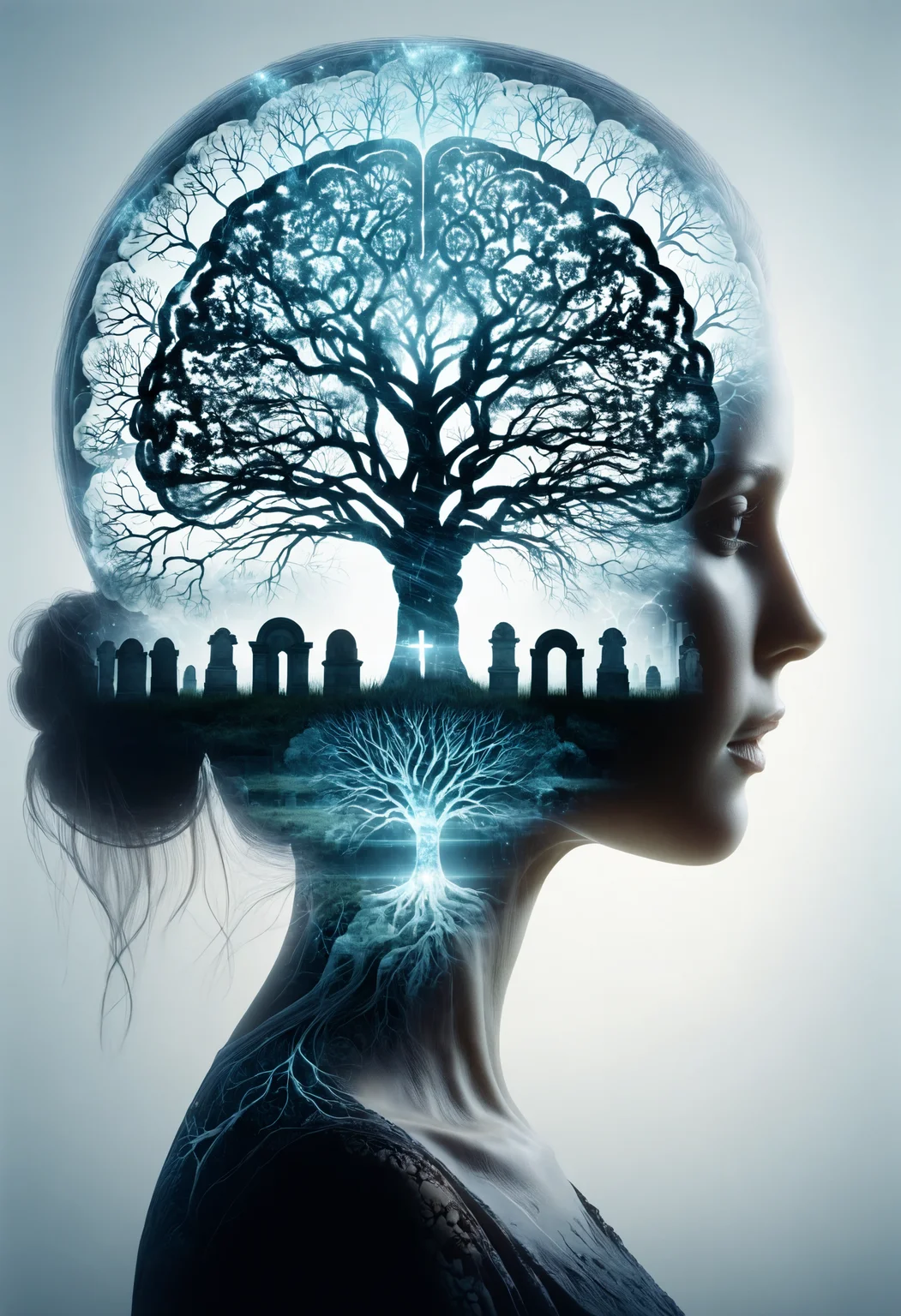 dvr-wwyt, a woman in a graveyard, the tree of life, glitched silhouette outline of the brain, double exposure <lora:dvr-wwyt:0.8>
