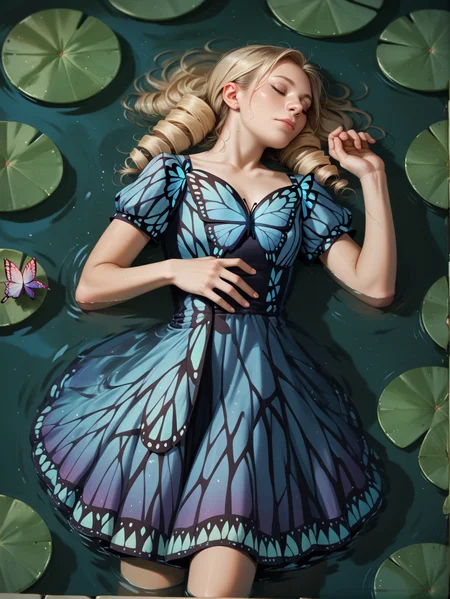 score_9, score_8_up, score_7_up, score_6_up, score_5_up, score_4_up, realistic, photograph,
1girl wearing a (butterfly dress), <lora:butterfly_dress-PD-1.0:1>
sleeping, lily pad, partially submerged, blonde hair, drill hair,