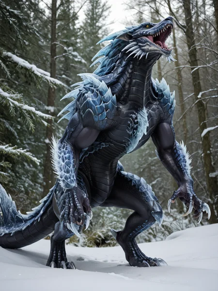 <lora:MH_Lunagaron_a1_8_PonyXL:.8>, score_9,score_8_up,score_7_up, nature photography,  (close_up shot, portrait), low angle shot, 
cropped photo, warm tones,
mhlunga,solo,feral,detailed background,yellow eyes,black sclera,forest,snow,ice claws ,ice spikes,glasslike,standing on hind legs
hardlight , bloom, subsurface scattering, sharp hyper detailed, (shiny metallic skin:1.2), (ultra-detailed scales:1.1), bright highlights, <lora:RM_Enhancer_v1.0_bf16:.1>  <lora:p:.2> <lora:Add_More_details_SD3:.5> <lora:sdxl_glass:.2>