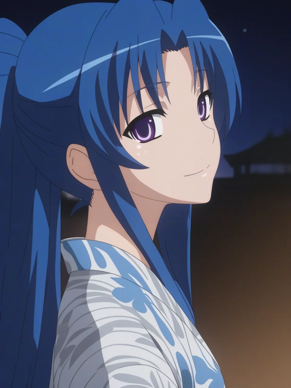 best quality,masterpiece,highres,absurdres,1girl,solo,newest,rating: explicit,nsfw, looking at viewer , <lora:Ami_Kawashima_XL-step00001400:0.8> ,(ami_kawashima, long hair, blue hair, purple eyes, anime coloring),smile,(yukata:1.1),ponytail,from side, looking at viewer,outdoors,night,night sky,looking up,