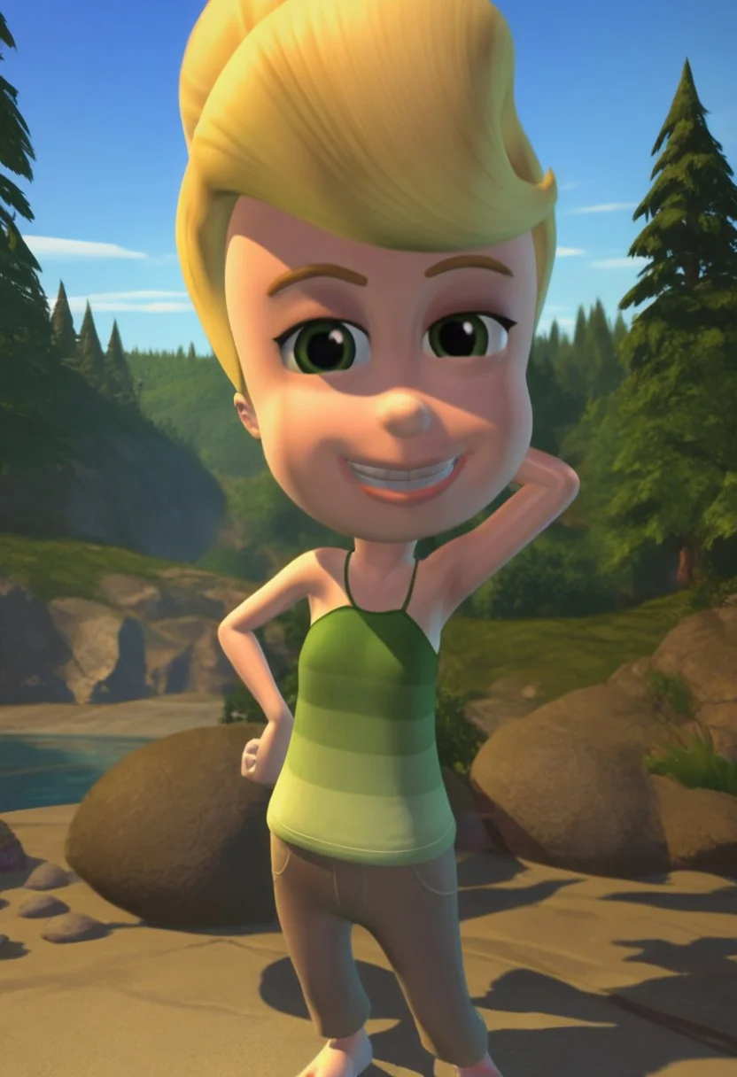 Score_9_up, score_8_up, score_7_up, 1girl, solo, cindy vortex, green shirt, beige pants, ponytail, blonde hair, smile, one hand behind head, armpits, armpit focus, mouth closed, looking at viewer, 3D, cute, flat chest,
outdoors, forest, lake, barefoot,