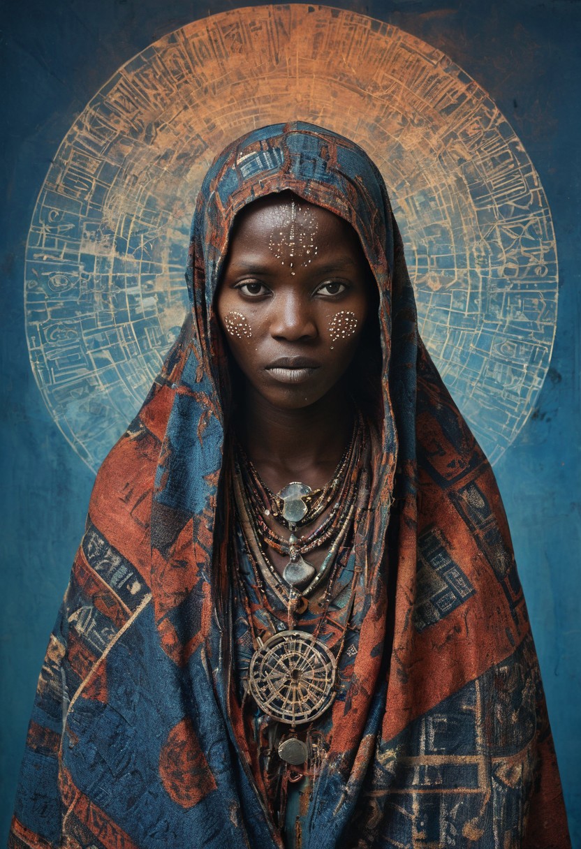 a kenyan ancient, cloaked female figure with piercing eyes, face covered in dust and dirt, their face wrapped in kenyan flag fabric adorned with extremely intricate hieroglyphs, set against an abstract, polygonal blue gradient background. The cloth appears worn and frayed, with strands of cobwebs catching the light, evoking a sense of age and decay. The background’s geometric facets shift from light to dark blue, creating a sense of depth that feels cold and detached, as if the figure exists within a frozen, digital void. Every wrinkle, stitch, and symbol on the fabric is detailed, revealing a story etched into the cloth. The icy blues of the background offer a stark contrast, amplifying the figure’s ancient aura. This composition weaves together themes of antiquity and futurism, drawing the viewer into a world where the past is preserved within a crystalline digital space.