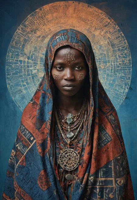 a kenyan ancient, cloaked female figure with piercing eyes, face covered in dust and dirt, their face wrapped in kenyan flag fabric adorned with extremely intricate hieroglyphs, set against an abstract, polygonal blue gradient background. The cloth appears worn and frayed, with strands of cobwebs catching the light, evoking a sense of age and decay. The background’s geometric facets shift from light to dark blue, creating a sense of depth that feels cold and detached, as if the figure exists within a frozen, digital void. Every wrinkle, stitch, and symbol on the fabric is detailed, revealing a story etched into the cloth. The icy blues of the background offer a stark contrast, amplifying the figure’s ancient aura. This composition weaves together themes of antiquity and futurism, drawing the viewer into a world where the past is preserved within a crystalline digital space.