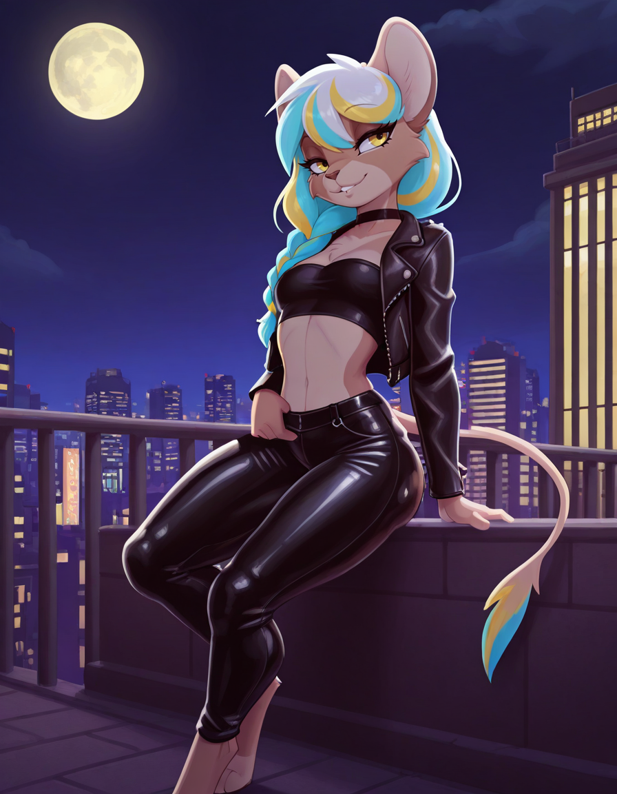 masterpiece, best quality,
outdoors,city, night, night sky, full moon, 
full body,seductive smile,parted lips,long eyelashes,
leather pants,tube top, leather jacket, 
 <lora:Elice_v03_ILXL:1>,
Elice,1girl,solo,furry female,long hair,multicolored hair,single braid,animal ears,yellow eyes,animal nose,body fur,two-tone fur,black choker,