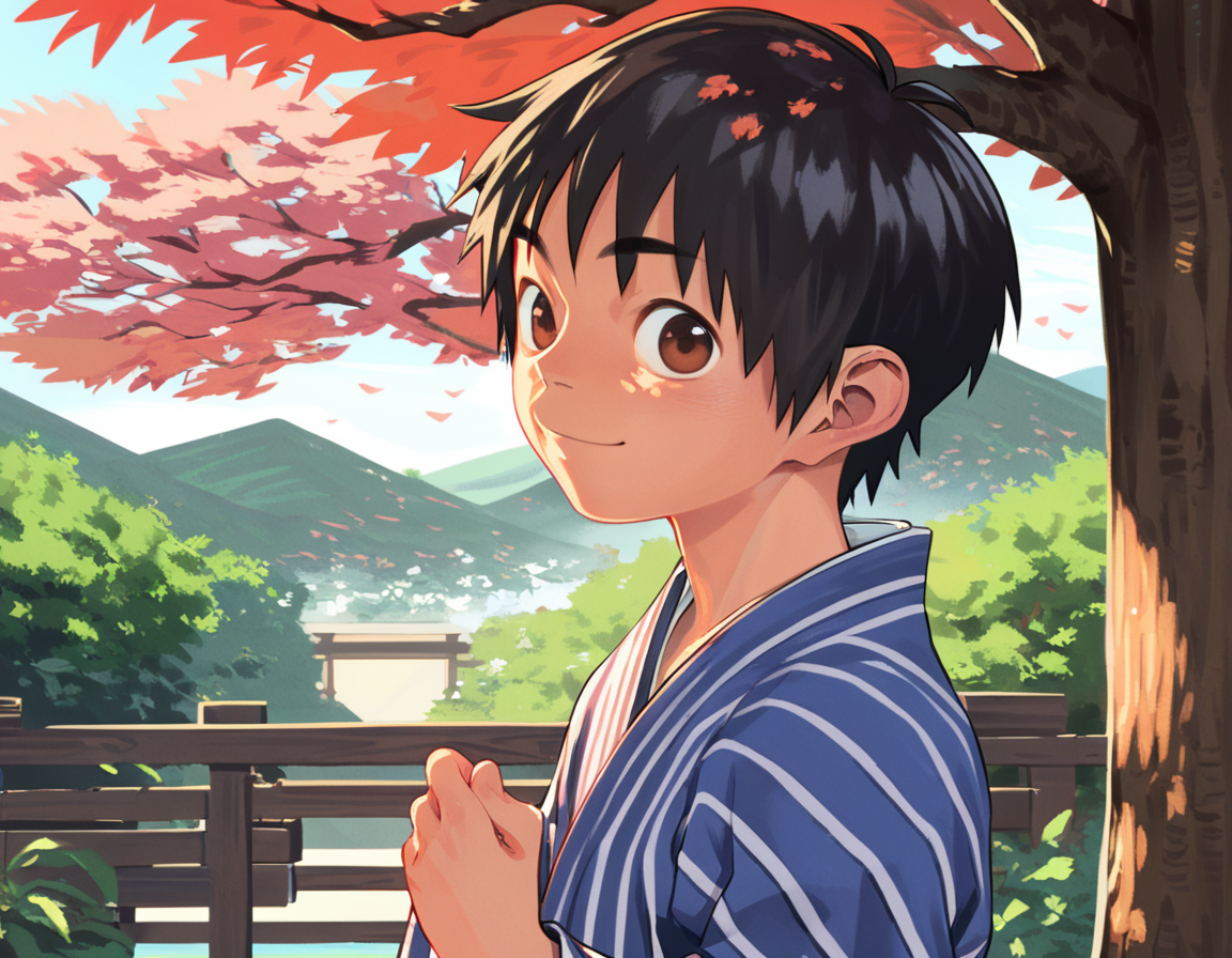 score_9, score_8_up, score_7_up, score_6_up, 2020s, outdoors, spring, trees, sakura, from side, upper body, 1boy, solo, black hair, brown eyes, japanese clothes, yukata, smile, looking at viewer <lora:shounen_zoom-amxl-v6i-ShoAI:1>