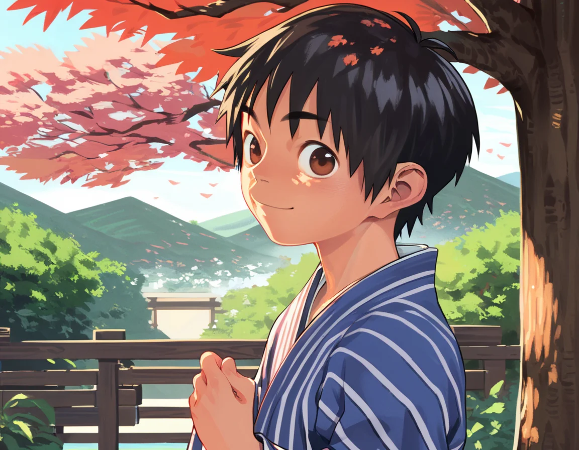 score_9, score_8_up, score_7_up, score_6_up, 2020s, outdoors, spring, trees, sakura, from side, upper body, 1boy, solo, black hair, brown eyes, japanese clothes, yukata, smile, looking at viewer <lora:shounen_zoom-amxl-v6i-ShoAI:1>