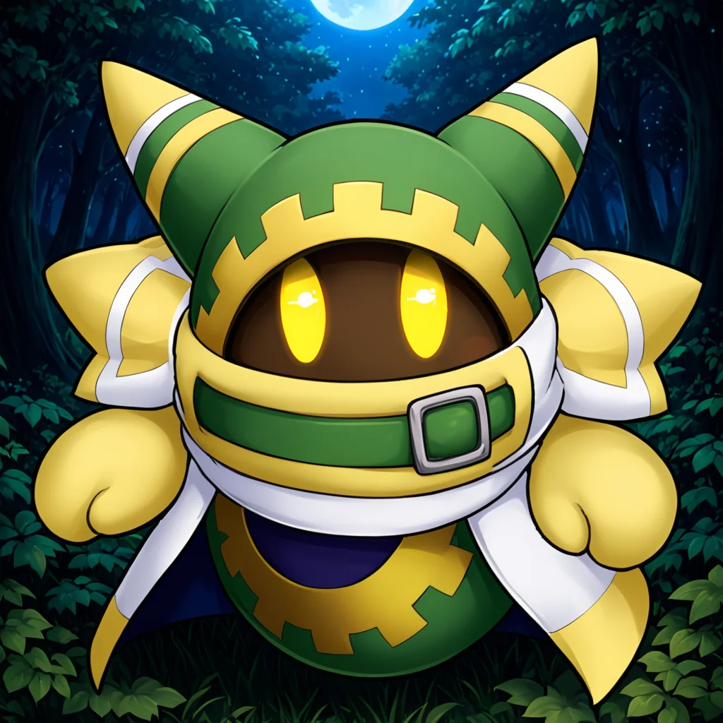cute forest, <lora:Magolor:1> magolor, green outfit, solo, yellow eyes, no humans,belt, cape, glowing eyes, looking at viewer, glowing, gloves, buckle, (anime, masterpiece, intricate:1.3), (best quality, hires textures, high detail:1.2), (4k),(incredibly detailed:1.4),UHD, 8K, ultra detailedâââ