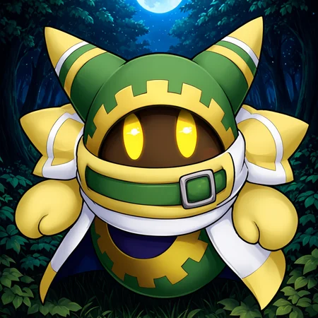 cute forest, <lora:Magolor:1> magolor, green outfit, solo, yellow eyes, no humans,belt, cape, glowing eyes, looking at viewer, glowing, gloves, buckle, (anime, masterpiece, intricate:1.3), (best quality, hires textures, high detail:1.2), (4k),(incredibly detailed:1.4),UHD, 8K, ultra detailedâââ