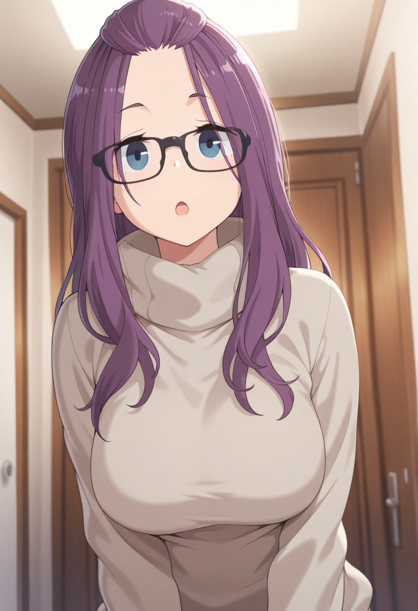 masterpiece,best quality,amazing quality, kagamihara sakura, purple hair, long hair, glasses, black-framed eyewear, blue eyes, 1girl, solo, bangs pinned back, sweater, long sleeves, turtleneck sweater, open mouth, indoors
