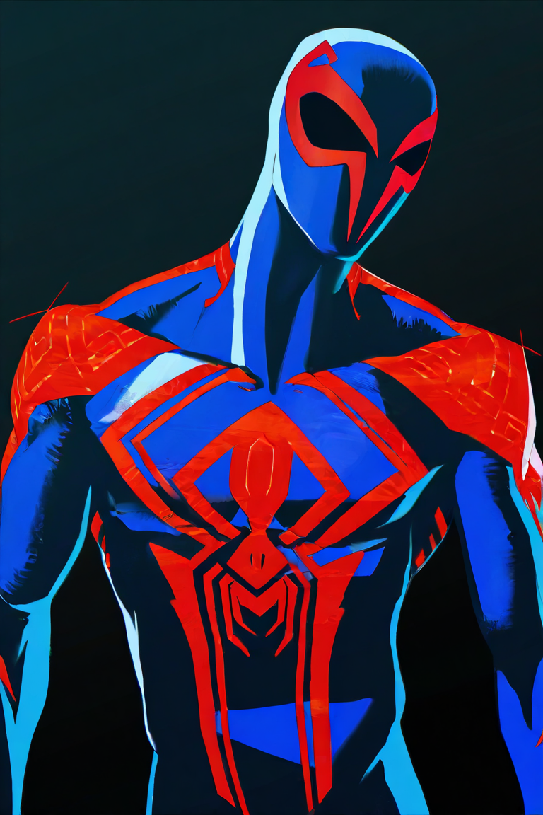 masterpiece, best quality, highres, newest, sm2099moh, 1boy, solo, male focus, mask, covered eyes, print bodysuit, red bodysuit, blue bodysuit, two-tone bodysuit, looking at viewer, standing, upper body, simple background, dark background <lora:Spider-Man 2099 (Miguel O Hara) v1.0 Updated [LoRA] - NoobAI-XL EPS 1.0:0.8>