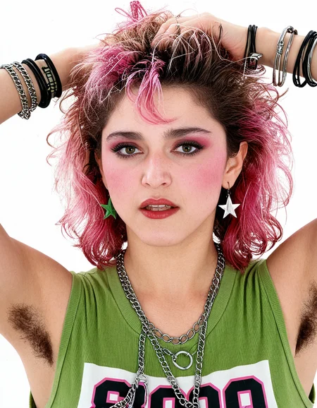 Madonna a woman posing for a picture against a white background, her hair is styled in mess fluffy updo hair with pink tips, blush and red lipstick and her makeup with dark eyebrown, dark eyeliner and mascara and red lipstick. She is wearing sleeveless green t-shirt, 80's bracelet, 80s earrings, punk bracelet, several different types of 80s neck chains and hairy armpit.