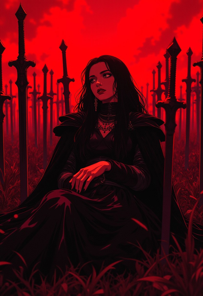 A gothic warrior with long black hair and a dark dress, reclining against a sea of swords planted in the ground. The red sky intensifies the dark mood, and her eyes are filled with a haunting calm. The swords glisten under the crimson light. (epic dark fantasy style).
ne0nfant4sy