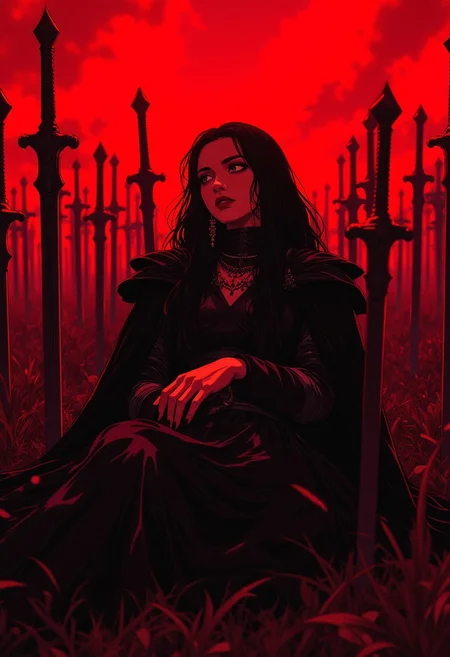 A gothic warrior with long black hair and a dark dress, reclining against a sea of swords planted in the ground. The red sky intensifies the dark mood, and her eyes are filled with a haunting calm. The swords glisten under the crimson light. (epic dark fantasy style).
ne0nfant4sy