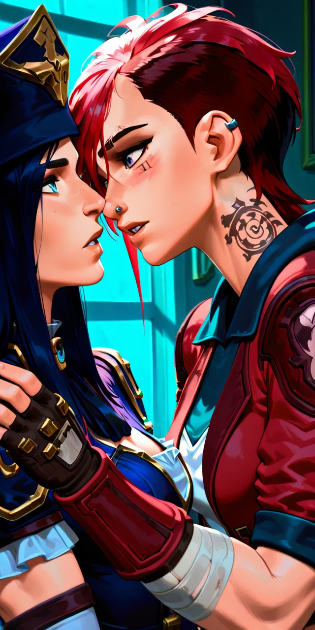 ydstlvi, long hair, short hair, bangs, multiple girls, 2girls, pink hair, red hair, parted lips, teeth, indoors, hood, yuri, looking at another, tattoo, bandages, eye contact, bandaged arm, classicviolet, facial tattoo, neck tattoo, nose piercing, eyebrow cut, caitlyn \(league of legends\), vi \(league of legends\) <lora:ydstlvi:1>