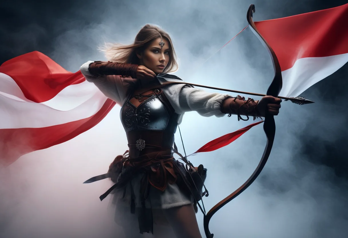 a beautiful polish archer jumping out of the white-red fog wrapped in the polish flag. in one hand she holds a royal scimitar sword, on her shoulder a pukler with an emblem, inkpunk style,thematic background, side light, rim lighting, studio lighting, ultra quality, sharp focus, film grain, Fujifilm XT3, highly detailed glossy eyes, high detailed skin, skin pores, winter, snowing,
dark fantasy, romantic,dynamic fighting pose,,natural pose, dark fantasy style, raw, uhd, dslr, em 80mm, dslr, hdr, , cinematic shot, dark fantasy, style,raw photo, glowing neon fog, dslr, raw, 16k UHD,
<lora:sdxl_lora_archer:0.9> <lora:PerfectEyesXL:0.8> perfecteyes