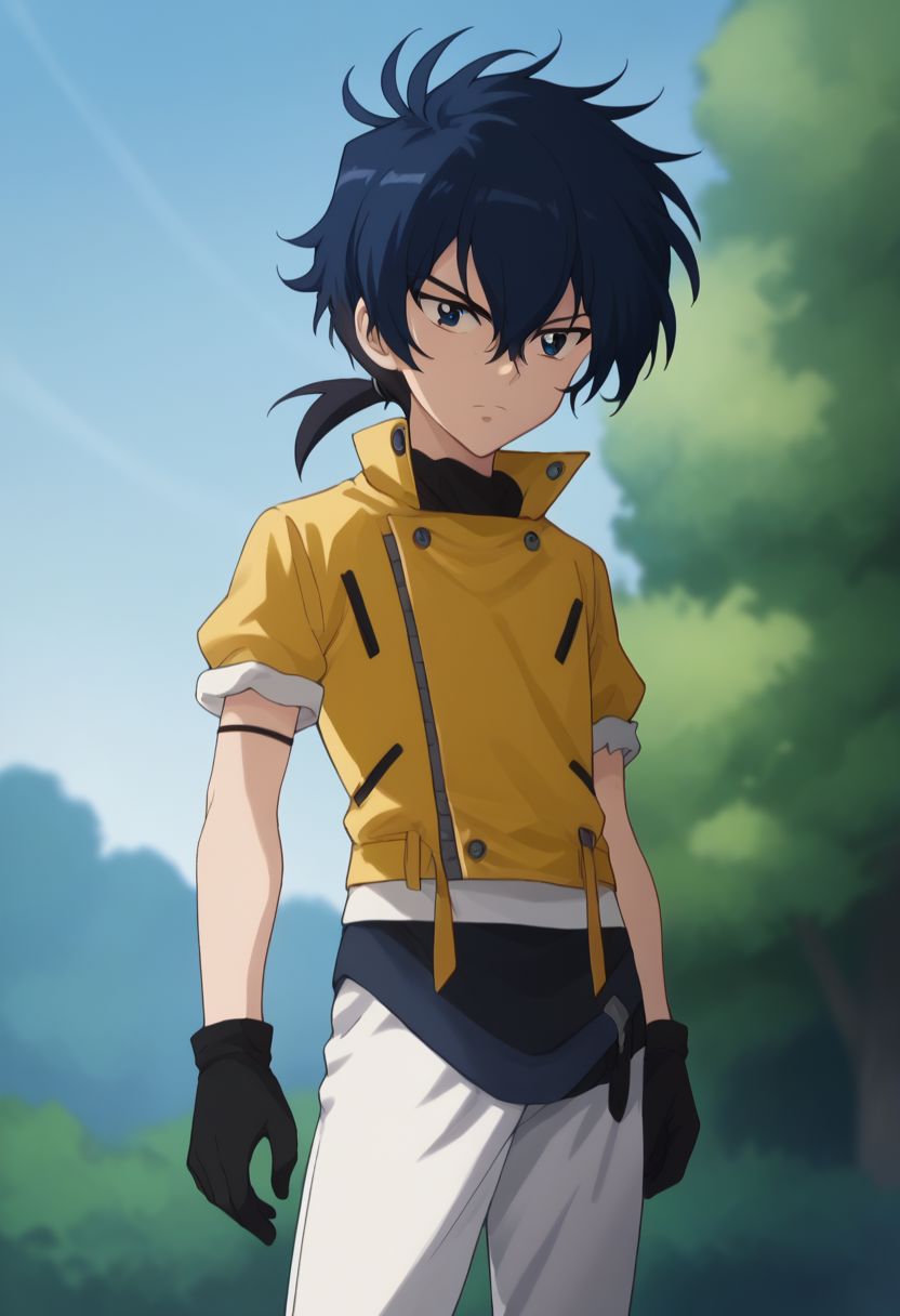 score_9, score_8_up, score_7_up, source_anime, highly detailed, 
samuru, 1boy, male focus, solo, gloves, blue hair, blue eyes, black gloves, pants, black hair, hair between hair, ponytail, low ponytail, upper body,
outdoor,