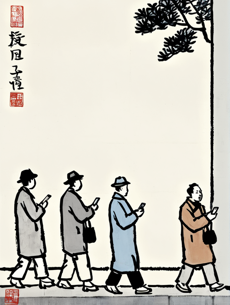 people walking in a row, checking on phones, on street, by Feng Zikai  <lora:fengzikai_v1.0_XL:0.9>