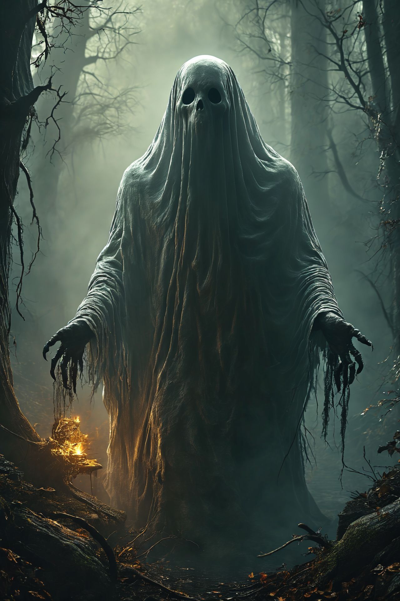 A creepy looking ghost in a dark forest, horror fantasy art, dark fantasy horror art, just art for dark metal music, fantasy horror art, detailed 4k horror artwork, dark fantasy artwork, eerie and grim art style, dark fantasy art, horror artwork, horror art, fantasy dark art, grimdark art, horror concept art, elegant horror artwork  <lora:add-detail-xl:1>  <lora:MJ52:1>