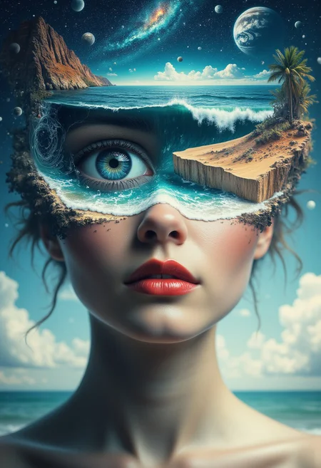 A surreal, hyper-realistic photo of a woman's face seamlessly merging with a dreamlike landscape. Her skin is smooth and porcelain-like, with vibrant red lips adding a striking contrast. One eye is a large, hypnotic orb that reflects a swirling cosmos, containing distant planets and stars, while the other eye is a vast, watchful iris that seems to hold the depths of an ocean within it. The top of her head opens into a vast seascape, with waves crashing against a shore that fades into an endless desert. The desert dunes roll gently beneath her, blending into the curves of her neck and shoulders. The background is divided into surreal quadrants, each representing different natural elements: a stormy sea, an arid desert, a boundless sky filled with planets, and a distant, peaceful coastline. The overall atmosphere is one of mysterious, otherworldly beauty, where the boundaries between human, nature, and the cosmos are blurred, creating a captivating and enigmatic visual experience.detailmaximizer, midjourneyv6.1