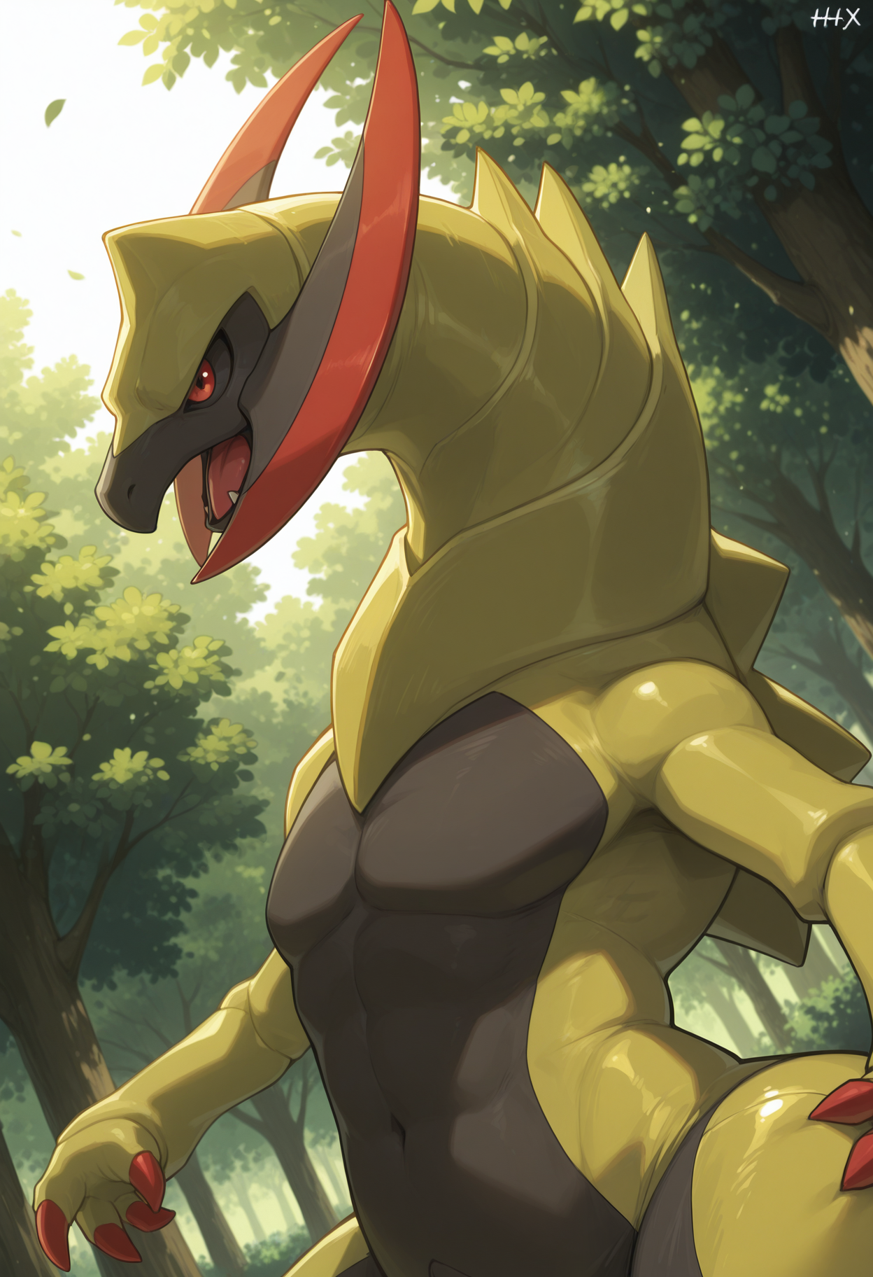 masterpiece,best quality,amazing quality, 1boy, solo, h4x, pokemon (creature), close up, side angle, serious, outdoors,