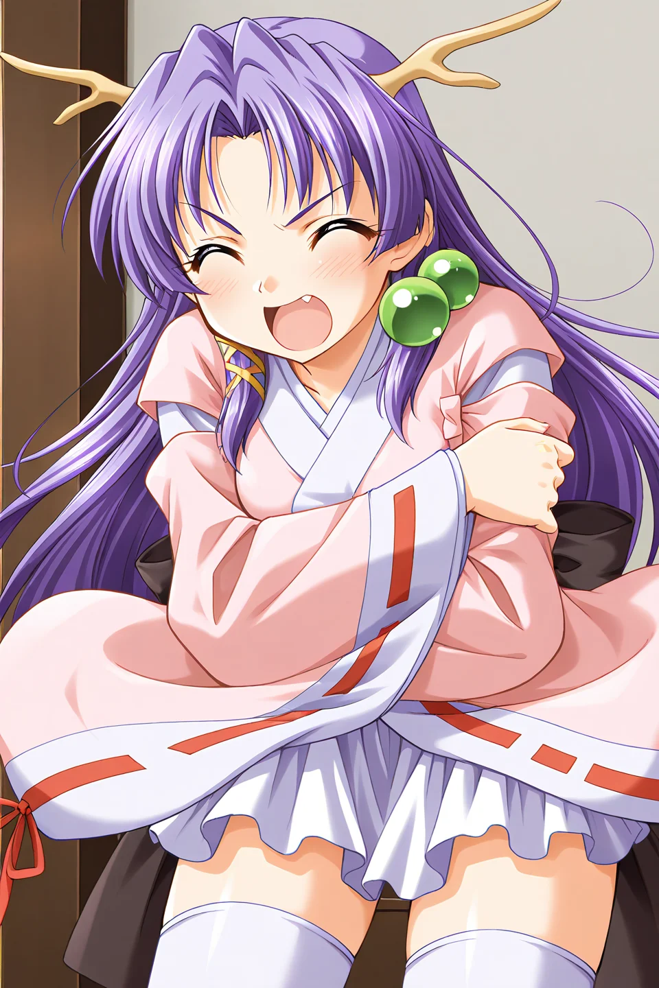 masterpiece, best quality, absurdres, official art, official style, general BREAK <lora:shizuna-torakapu_IL_v1-1:0.7>, shizuna, 1girl, solo, red eyes, purple hair, very long hair, parted bangs, hair intakes, sidelocks, hair bobbles, x hair ornament, medium breasts, dragon girl, dragon horns, japanese clothes, pink kimono, short kimono, long sleeves, wide sleeves, detached sleeves, red ribbon, ribbon-trimmed sleeves, obi, black sash, back bow, black bow, white skirt, miniskirt, pleated skirt, kimono skirt, zettai ryouiki, white thighhighs,
blush, astonished, closed eyes, crossed arms, front view, leaning forward, open mouth, shouting, standing, v-shaped eyebrows