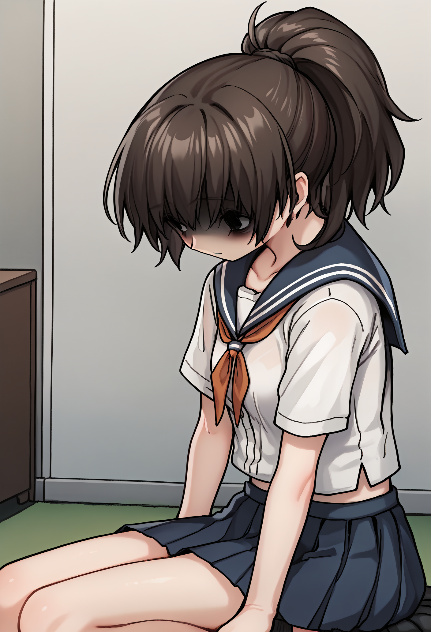 score_9, score_8_up, score_7_up, score_6_up, score_5_up, score_4_up, source_anime, 1girl, solo,   <lora:kozue_mukai:1.1> mmkozue, ponytail, brown hair, short hair, black eyes,serafuku, pleated skirt, shaded face,   <lora:Slumped__Concept_Pose__Possessed_Pose:0.9> slumped,leaning forward, from above, dangling arms, shaded face
from side, sitting, wariza, shaded face