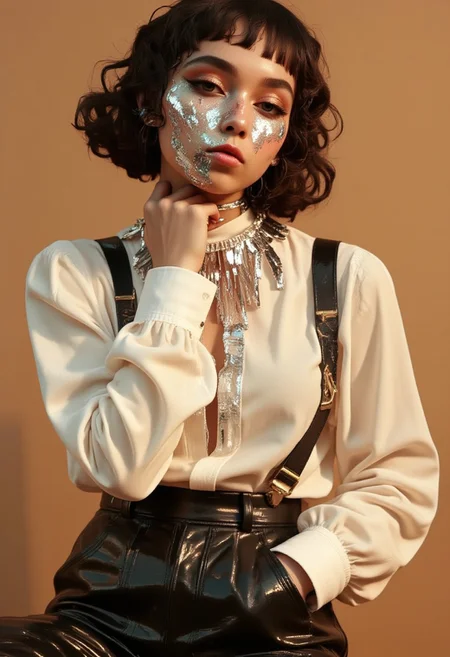 This is a highly stylized, high-resolution photograph featuring a young woman with a distinctive, avant-garde aesthetic. She has a light skin tone and wavy, shoulder-length hair with a mix of dark brown and blonde hues. Her face is adorned with metallic, silver face paint that covers her eyes, lips, and chin, giving her a futuristic, otherworldly appearance. She wears a white, long-sleeved blouse with puffed sleeves and a high collar, which is slightly open at the neck. The blouse is embellished with silver sequins and fringe, adding a touch of glamour and texture. Her accessories include black suspenders that drape over her shoulders, adding a retro, yet edgy element to her outfit. She also wears high-waisted, shiny black pants that have a glossy, almost wet look, suggesting a latex or vinyl material. Her hands are elegantly placed, with one resting on her neck and the other in her pocket, giving a sense of casual confidence. The lighting is soft and warm, highlighting the textures and metallic sheen of her outfit and makeup. The overall style is reminiscent of fashion. w3p0rtra1t, MOSH, ff-desolascape